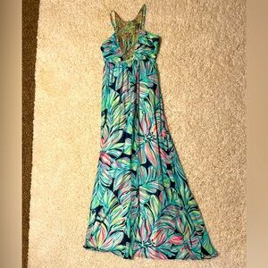 Lilly Pulitzer Lannette Maxi Dress High Tide Navy Dancing Lady size 2 Euc hg htf